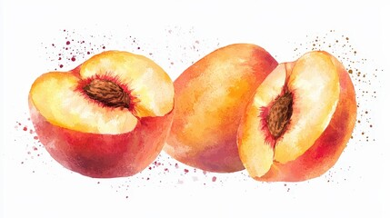 Wall Mural - Fresh Sliced Peaches in Watercolor Style Vector Illustration with Modern Brushstroke Details on White Background