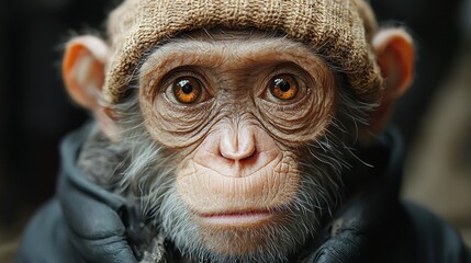 Sticker - Close up Portrait of a Young Monkey Wearing a Knit Hat