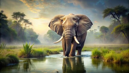 Wall Mural - Huge African elephant with large tusks navigating through a swampy area, elephant, tusks, African, wildlife, mammal