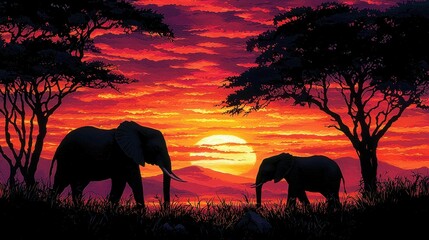 Poster - African Elephants Silhouette at Sunset