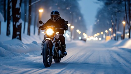 Nocturnal motorcycle ride through a snow-covered street, illuminated by the bikes bright headlight