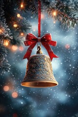 Wall Mural - christmas bell hanging from snowy fir tree branch with red ribbon