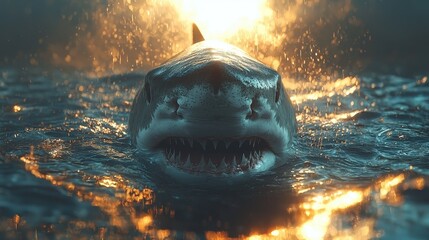 Great White Shark Underwater Close up with Golden Sunset Light