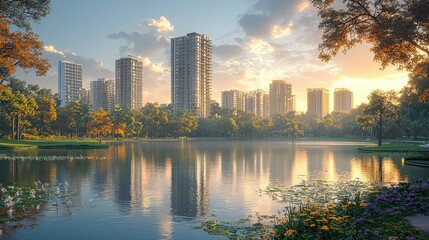 Sticker - Modern Cityscape with Lake and Sunset Reflections