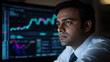 © Papisut - Indian businessman analyzing stock market graphs on a computer screen modern portrait background financial data