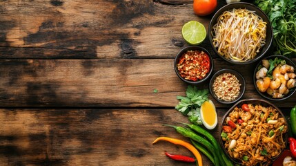 Wall Mural - topview Pad Thai and ingredient thai food concept on wooden background