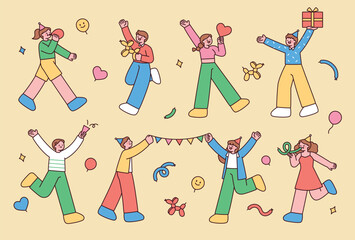 Poster - Many people are happily enjoying the party. They are blowing up balloons, holding presents, and posing excitedly.