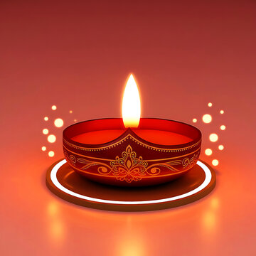A beautifully rendered 3D illustration of a traditional Diwali diya (lamp) glowing on a soft pink background