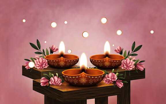 A beautifully rendered 3D illustration of a traditional Diwali diya (lamp) glowing on a soft pink background