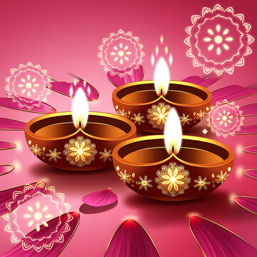 A beautifully rendered 3D illustration of a traditional Diwali diya (lamp) glowing on a soft pink background