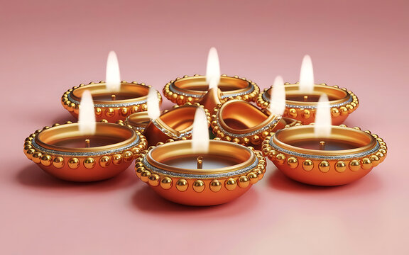 A beautifully rendered 3D illustration of a traditional Diwali diya (lamp) glowing on a soft pink background