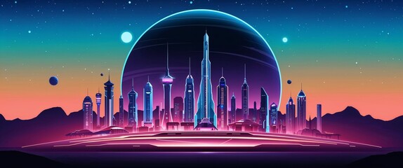 Wall Mural - Futuristic night city on the background of the planet. 