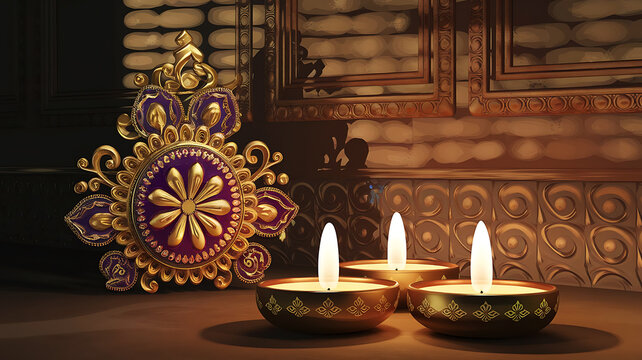 A beautifully rendered 3D illustration of a traditional Diwali diya (lamp) glowing on a soft pink background