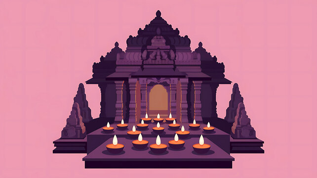 A beautifully rendered 3D illustration of a traditional Diwali diya (lamp) glowing on a soft pink background