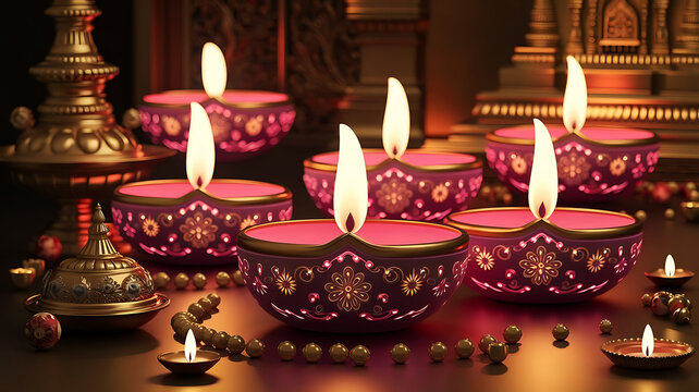 A beautifully rendered 3D illustration of a traditional Diwali diya (lamp) glowing on a soft pink background