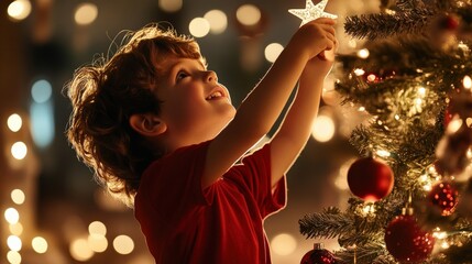 A child Wear a red shirt placing a star on top of a Christmas tree, with soft lights and ornaments sparkling all around