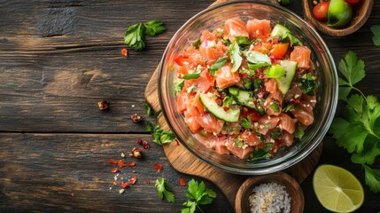  topview tuna Salad in glass bowl and ingredient thai food concept on wooden background