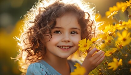 Joyful girl embracing yellow flowers in a sunny, warm atmosphere