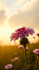 Sticker - Pink Flower Against Golden Sunset