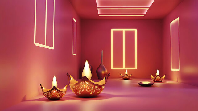A beautifully rendered 3D illustration of a traditional Diwali diya (lamp) glowing on a soft pink background