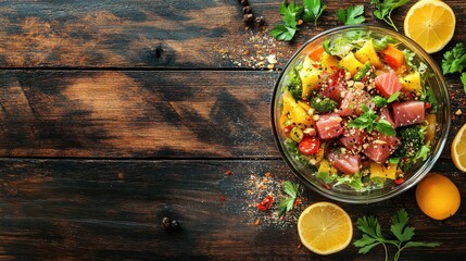  topview tuna Salad in glass bowl and ingredient thai food concept on wooden background