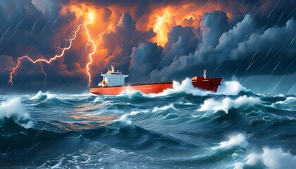 Dramatic Oil Tanker Ship Battling Through Turbulent Seas Amidst Stormy Weather and Striking Lightning