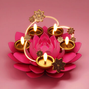 A beautifully rendered 3D illustration of a traditional Diwali diya (lamp) glowing on a soft pink background