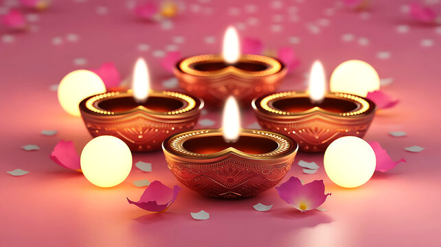 A beautifully rendered 3D illustration of a traditional Diwali diya (lamp) glowing on a soft pink background