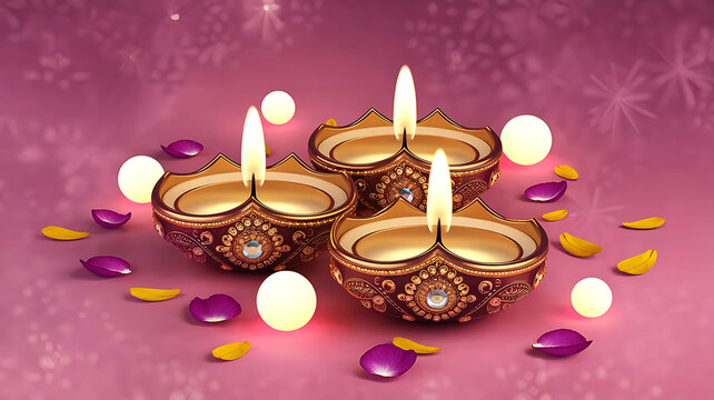 A beautifully rendered 3D illustration of a traditional Diwali diya (lamp) glowing on a soft pink background
