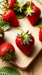 Poster - Close-up of ripe red strawberries on a wooden board