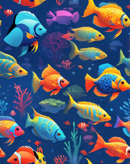 Wall Mural - Colorful tropical fish swimming among corals seamless animal design pattern wallpaper