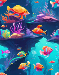 Wall Mural - Colorful underwater creatures in a vibrant ocean scene seamless animal design pattern wallpaper