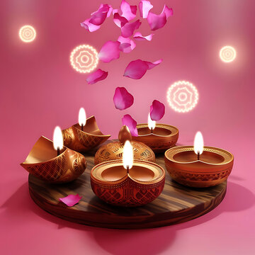 A beautifully rendered 3D illustration of a traditional Diwali diya (lamp) glowing on a soft pink background