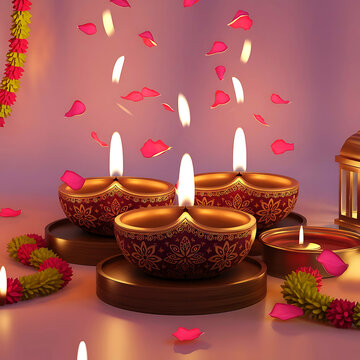 A beautifully rendered 3D illustration of a traditional Diwali diya (lamp) glowing on a soft pink background
