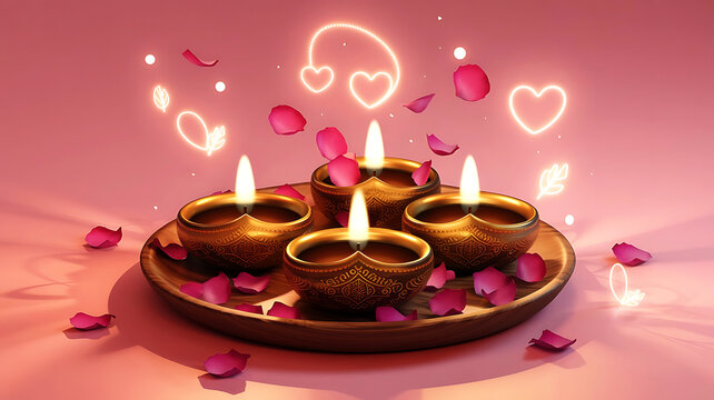 A beautifully rendered 3D illustration of a traditional Diwali diya (lamp) glowing on a soft pink background