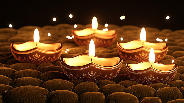 A beautifully rendered 3D illustration of a traditional Diwali diya (lamp) glowing on a soft pink background