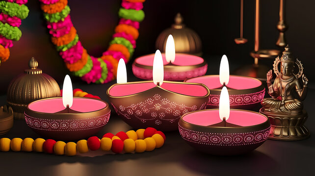 A beautifully rendered 3D illustration of a traditional Diwali diya (lamp) glowing on a soft pink background