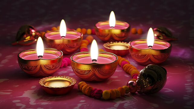 A beautifully rendered 3D illustration of a traditional Diwali diya (lamp) glowing on a soft pink background