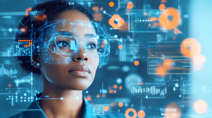 AI cyber security threat, female african american IT specialist analysing futuristic holographic data information. blue & orange colour, sugmented reality artificial intelligence concept banner