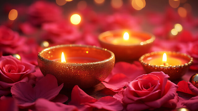A beautifully rendered 3D illustration of a traditional Diwali diya (lamp) glowing on a soft pink background