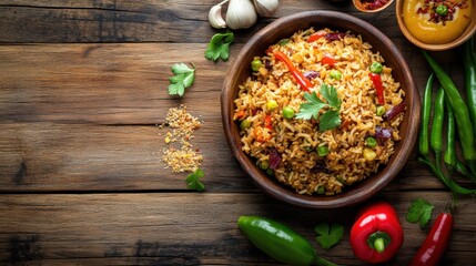 Wall Mural - topview fried rice and ingredient thai food concept on wooden background