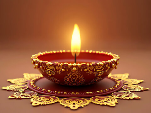A beautifully rendered 3D illustration of a traditional Diwali diya (lamp) glowing on a soft pink background
