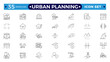 © artshuvo - Urban planning Outline icons. City development, smart city infrastructure.plan, urban,dearchitecture, city, construction, building.  Editable stroke outline icon.