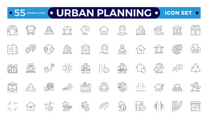 Wall Mural - Urban planning Outline icons. City development, smart city infrastructure.plan, urban,dearchitecture, city, construction, building.  Editable stroke outline icon.
