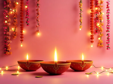 A beautifully rendered 3D illustration of a traditional Diwali diya (lamp) glowing on a soft pink background