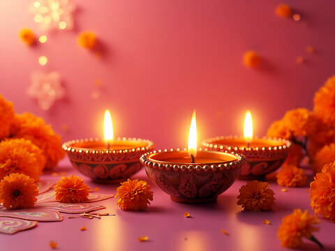 A beautifully rendered 3D illustration of a traditional Diwali diya (lamp) glowing on a soft pink background