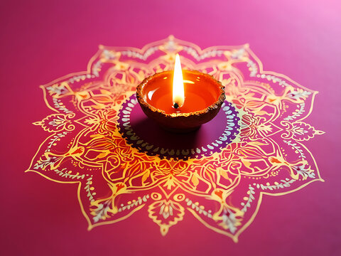 A beautifully rendered 3D illustration of a traditional Diwali diya (lamp) glowing on a soft pink background