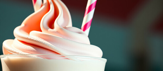 Wall Mural - Closeup of a pink milkshake with whipped cream and a red and white straw