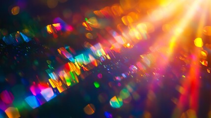 Poster - Prism Rainbow Light on Dark Background. Holographic Flare and Bokeh Effect