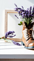 Canvas Print - Lavender Flowers in a Brown Boot